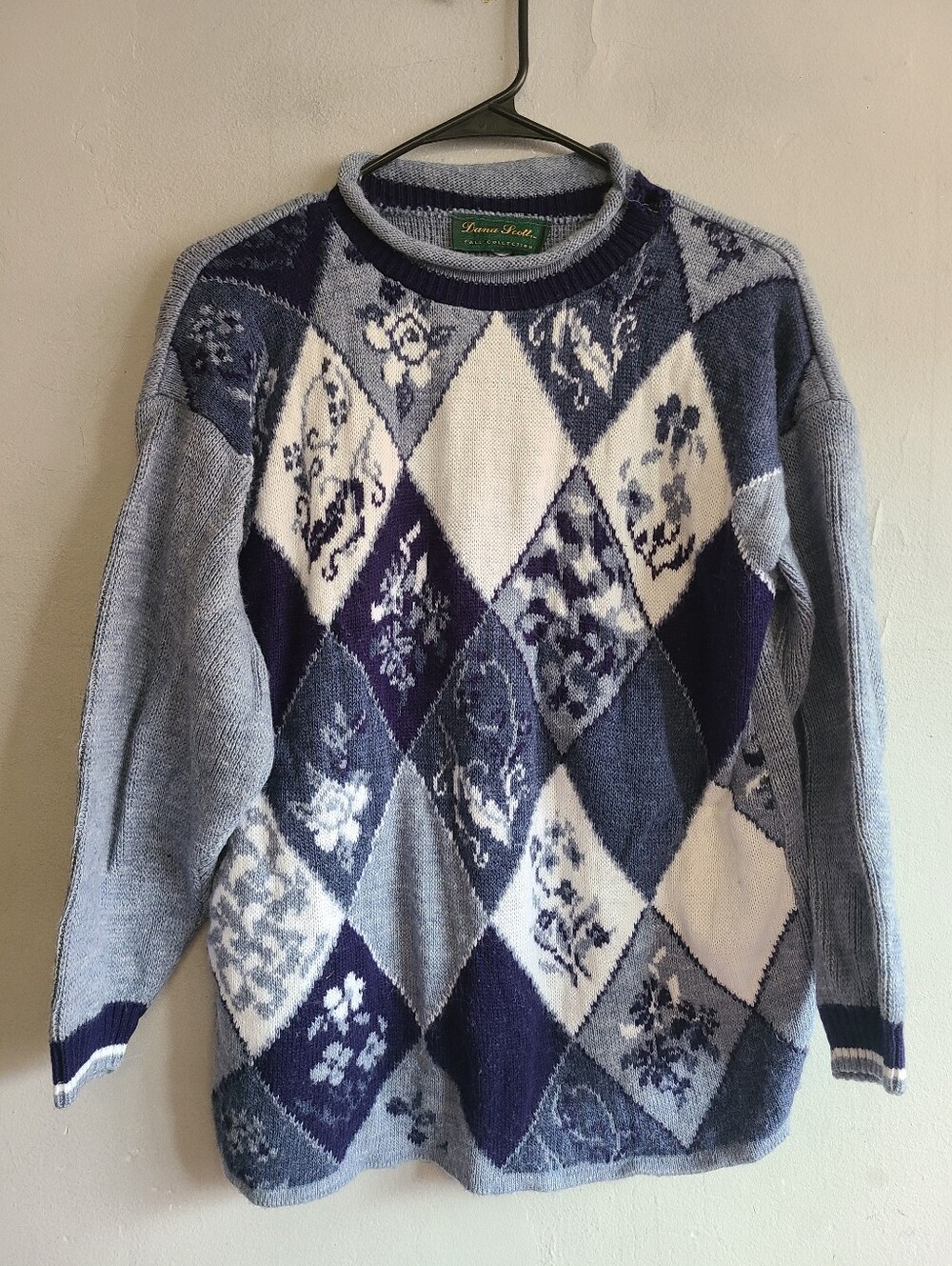 Women's large vintage shades of blue argyle diamond floral sweater mock neck